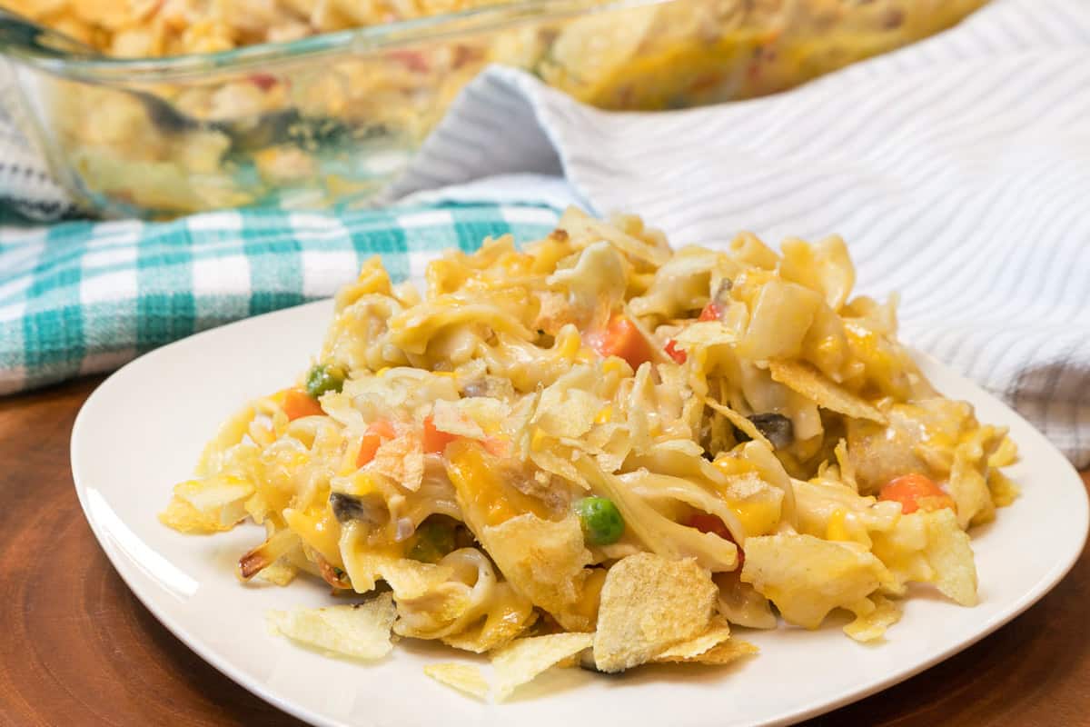 Old fashioned tuna noodle casserole on a plate.