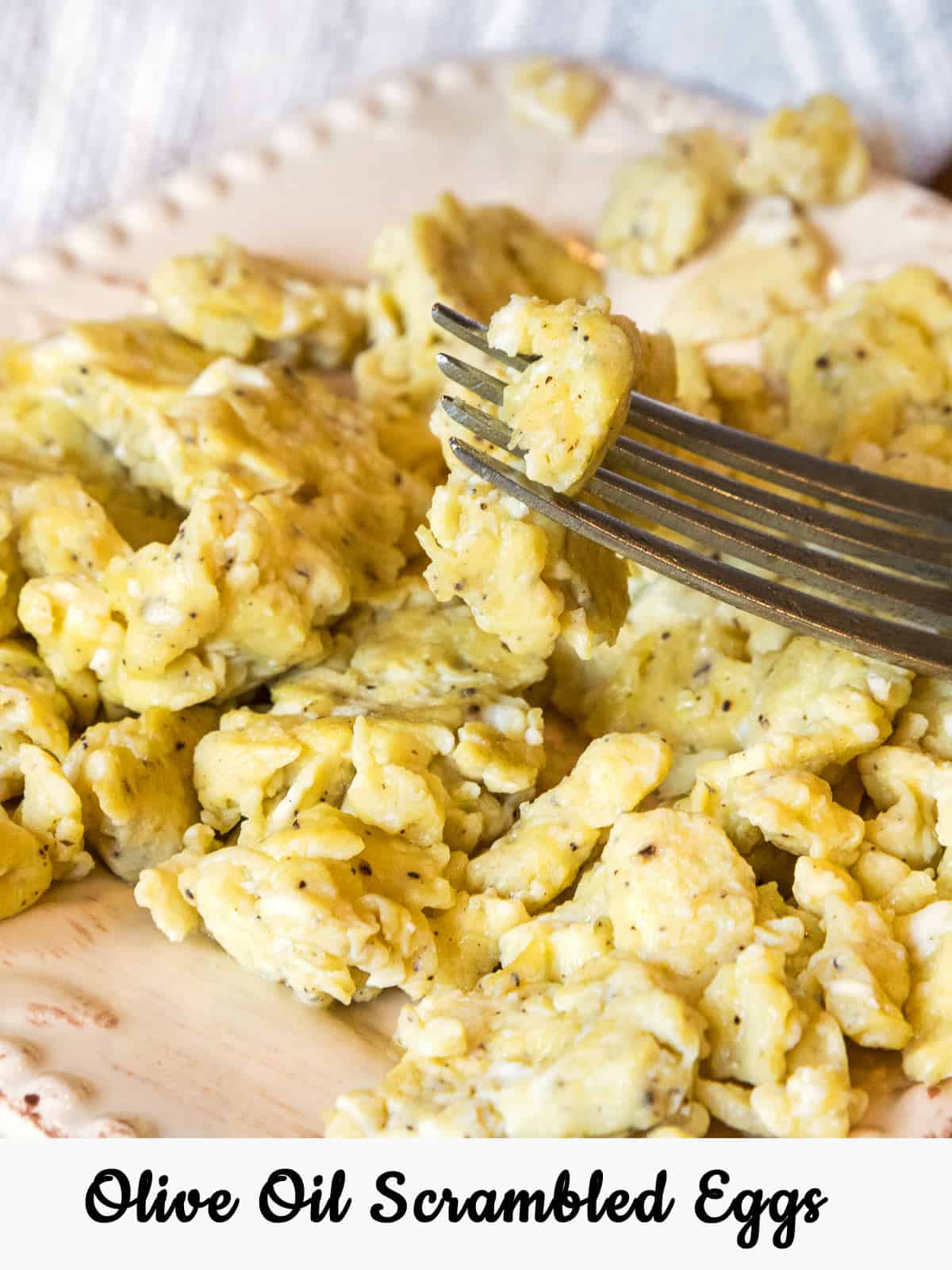 A close up photo of Olive Oil Scrambled Eggs without Milk.