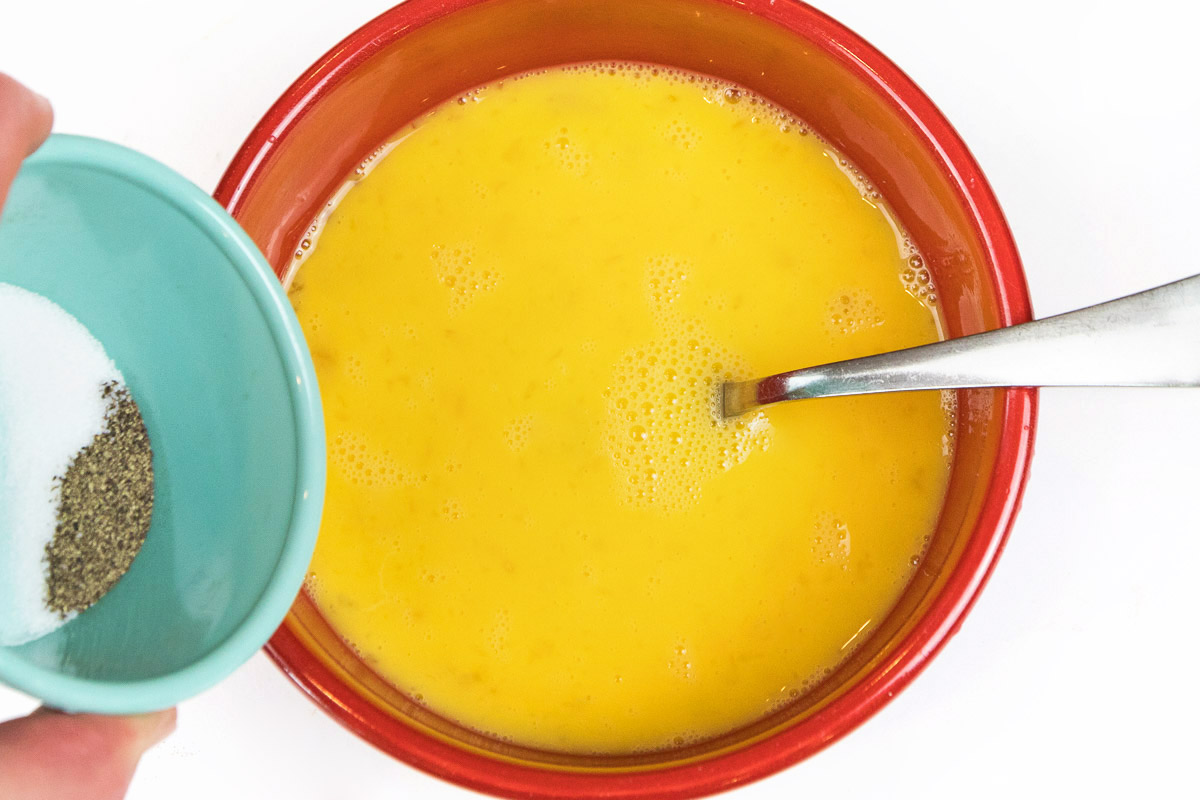 Measure one half teaspoon of salt and one half teaspoons of pepper for the eight eggs.