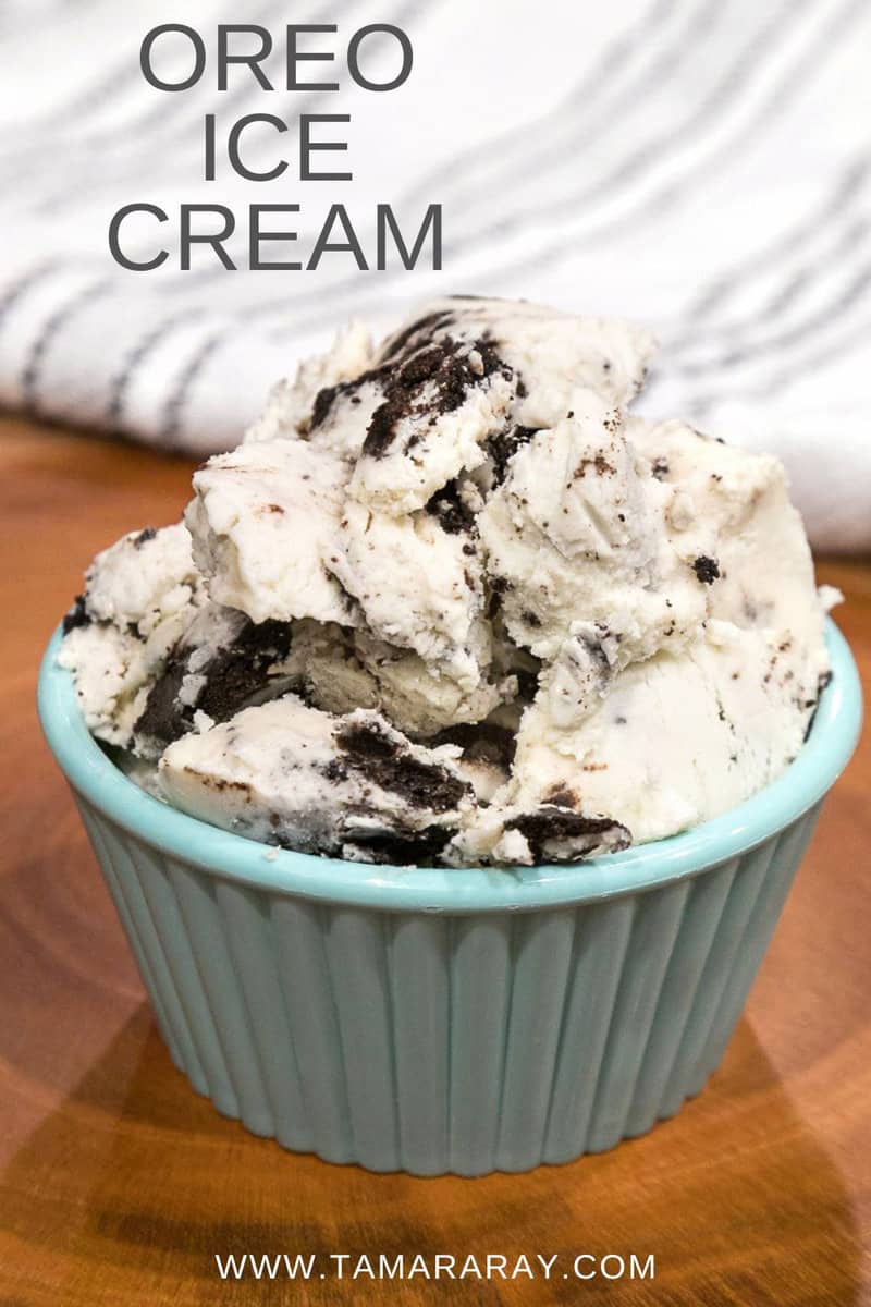 Oreo ice cream in a bowl.