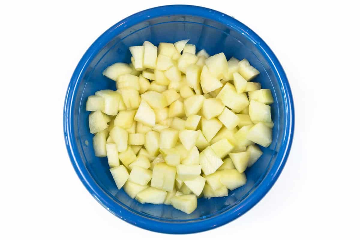 Diced peaches for the peach bread recipe.