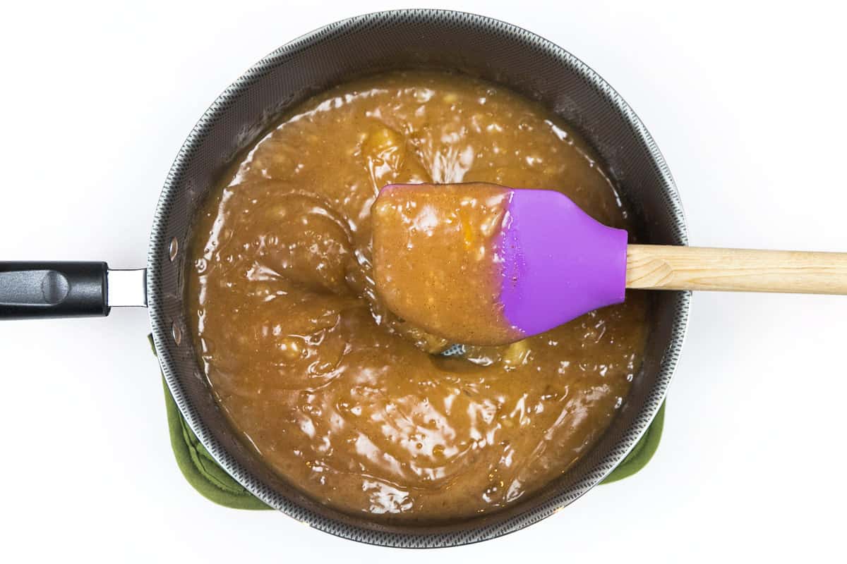 Thicken the peach juice on medium-high for about five minutes.
