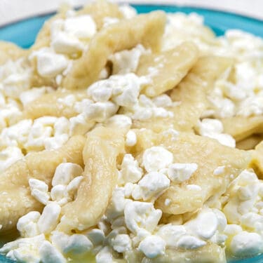 Pierogies with cottage cheese close up on a plate.