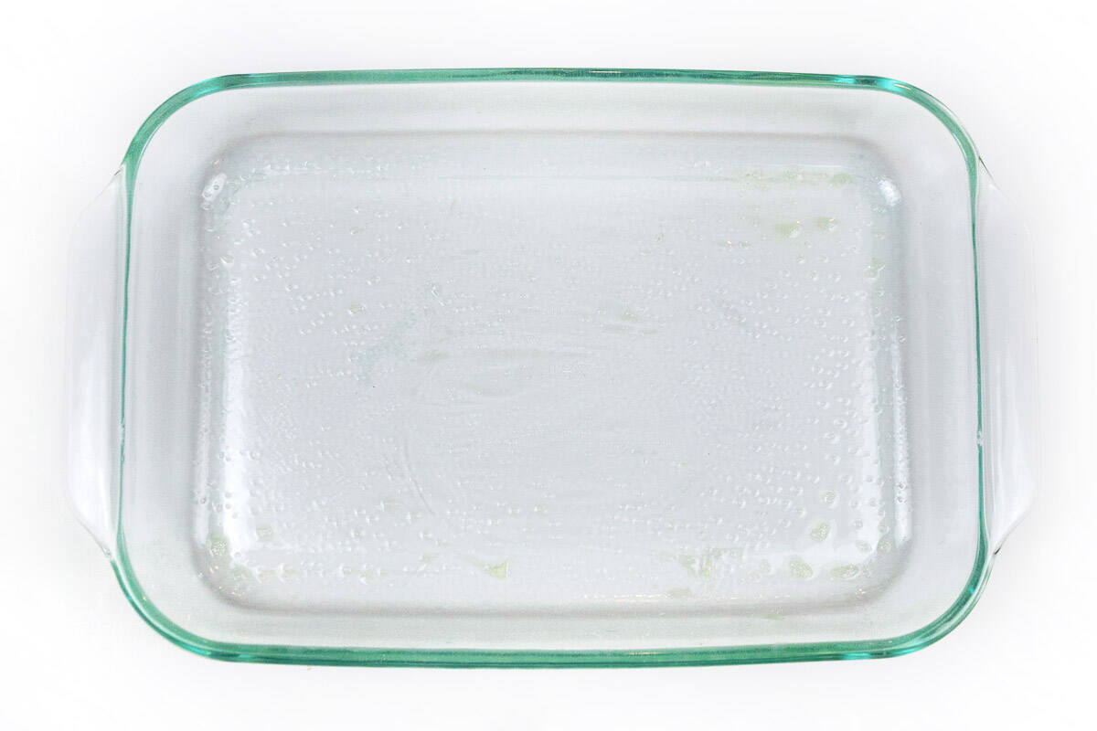 A nine by thirteen inch baking dish sprayed with non-stick cooking spray.