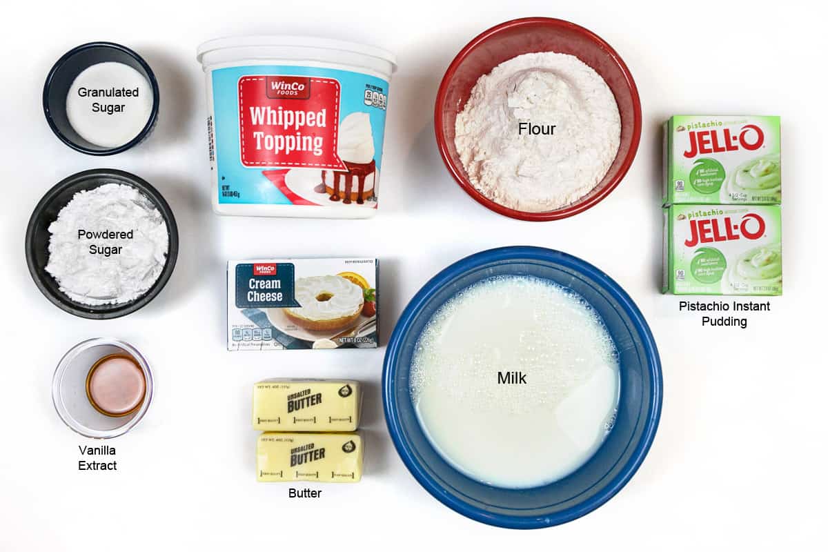 Ingredients for layered pistachio pudding dessert recipe.