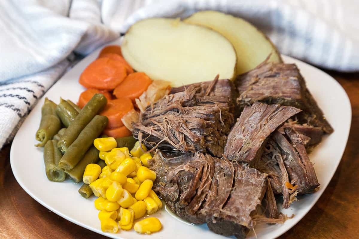 Roast beef dinner on a plate.