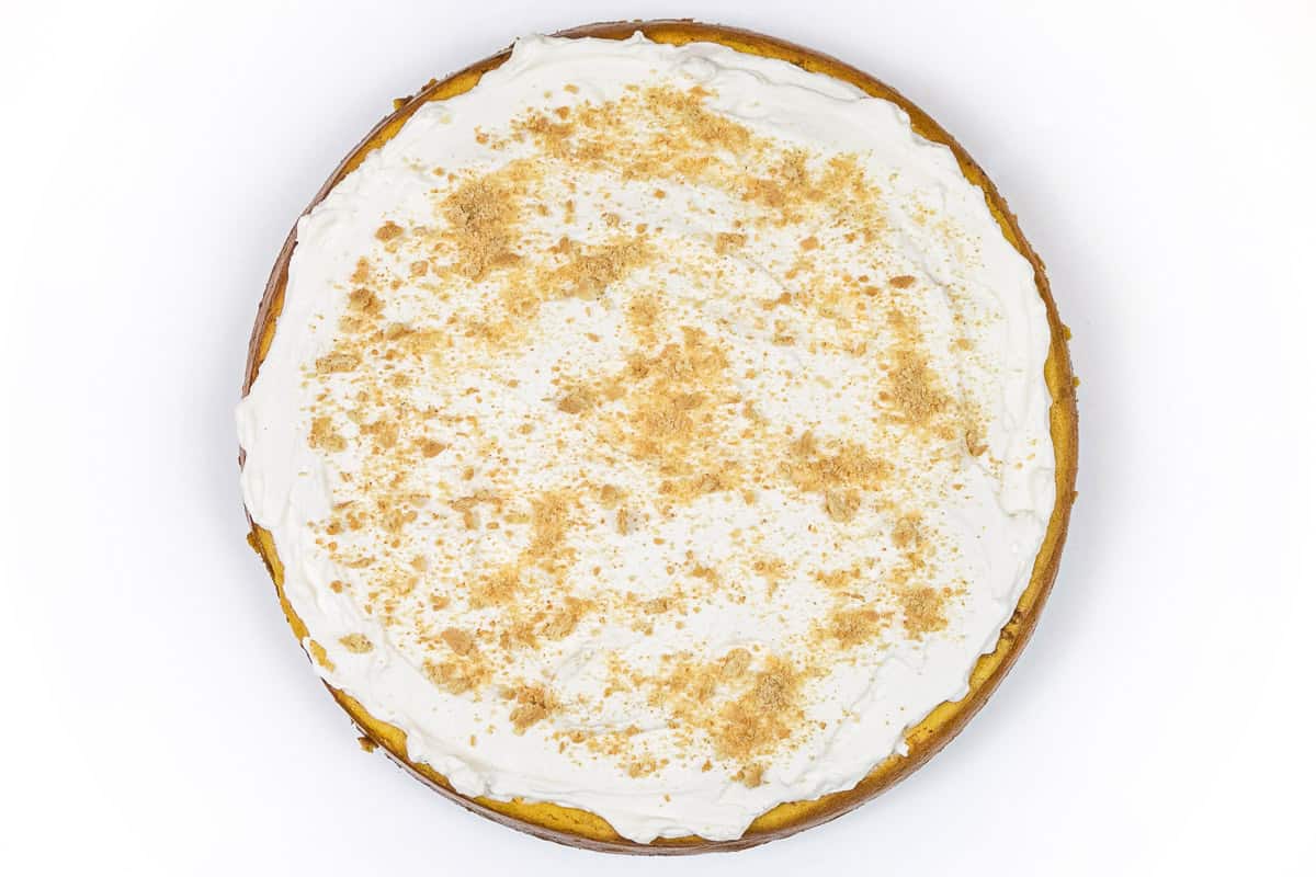 Pumpkin cheesecake with whipped cream and graham cracker crumbs on top.