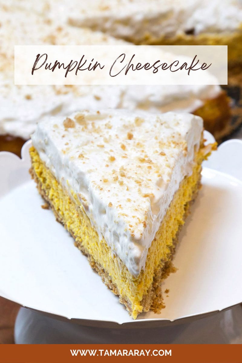 Close up of pumpkin cheesecake on a plate.