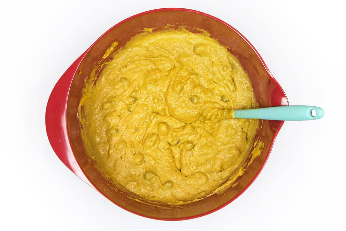 Pumpkin chocolate chip batter in a bowl.