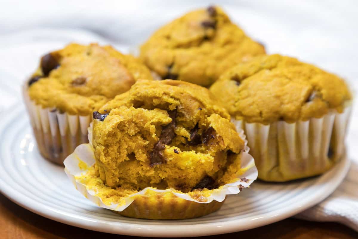 Pumpkin chocolate chip muffins on a plate.