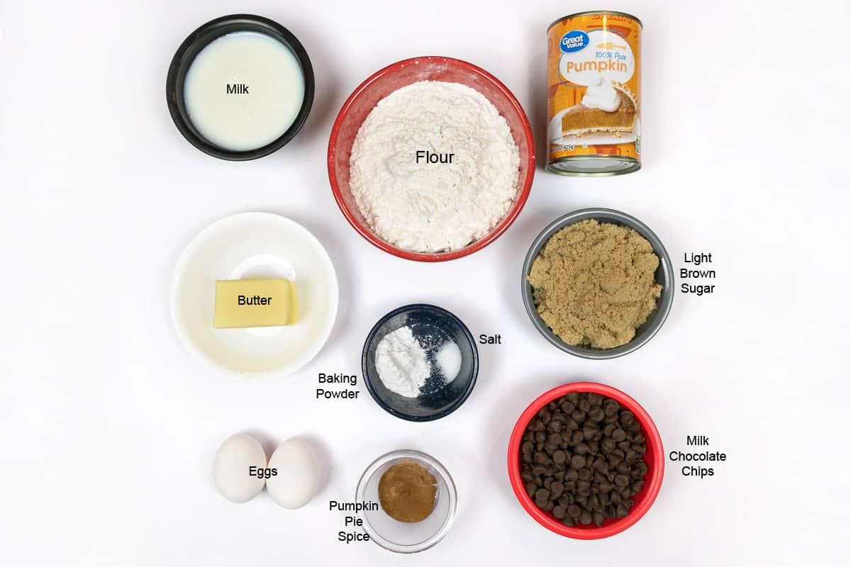Ingredients for pumpkin chocolate chip muffins.