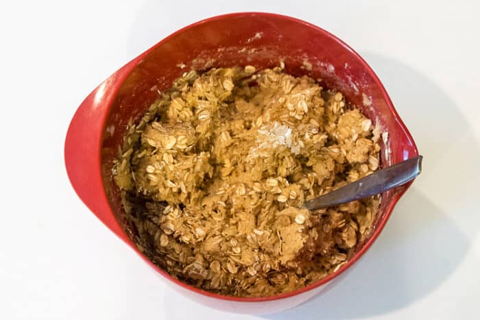 Oatmeal added to sugar, eggs, brown sugar, butter, vanilla, baking soda, salt, and flour in a bowl.