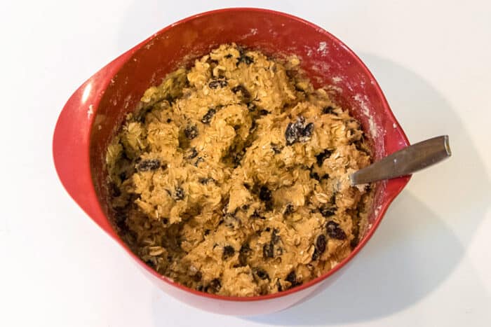Raisins added to oatmeal, sugar, eggs, brown sugar, butter, vanilla, baking soda, salt, and flour in a bowl.