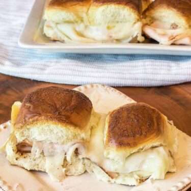 Close up of turkey sliders on Hawaiian rolls recipe.