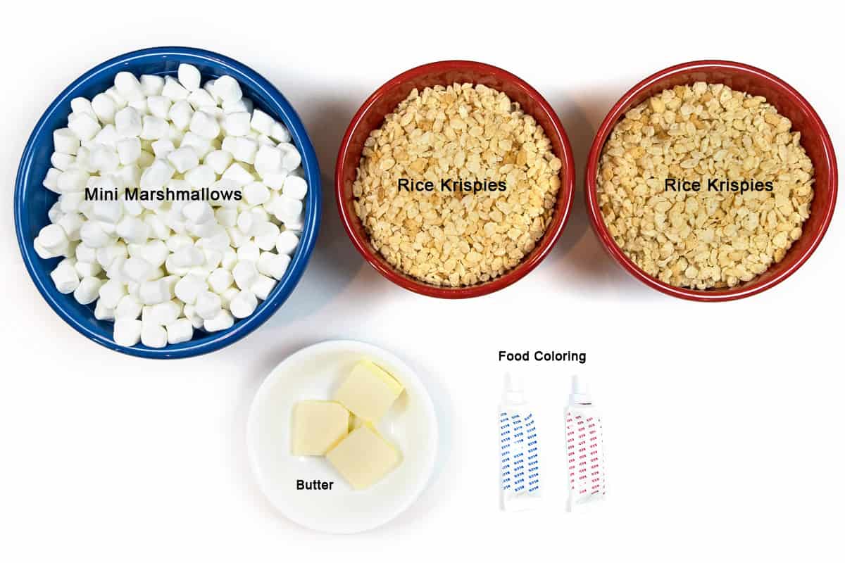 mini marshmallows, Rice Krispies, butter, food coloring - ingredients for red white and blue rice krispie treats