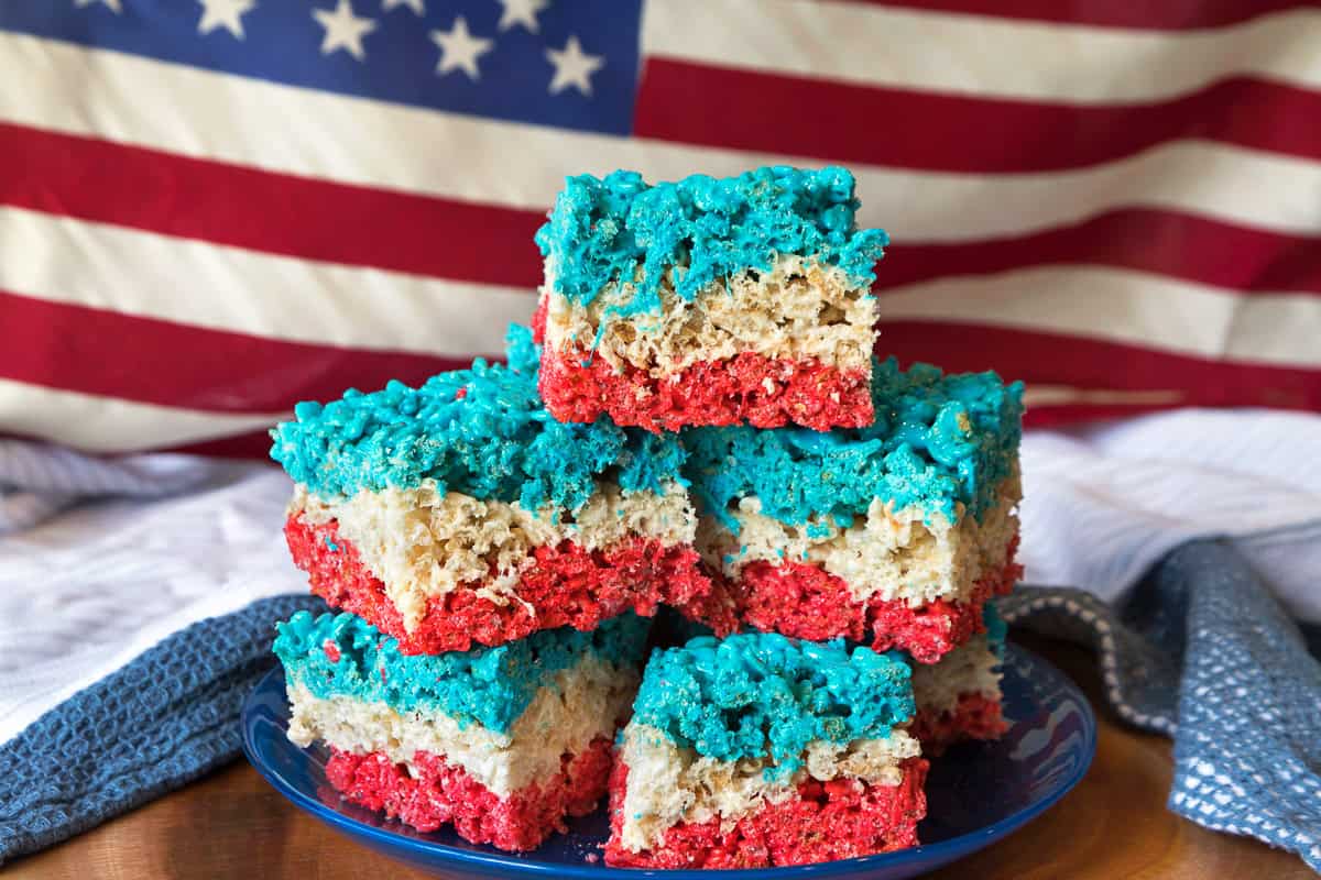 Finished product of the red white and blue rice krispie treats.