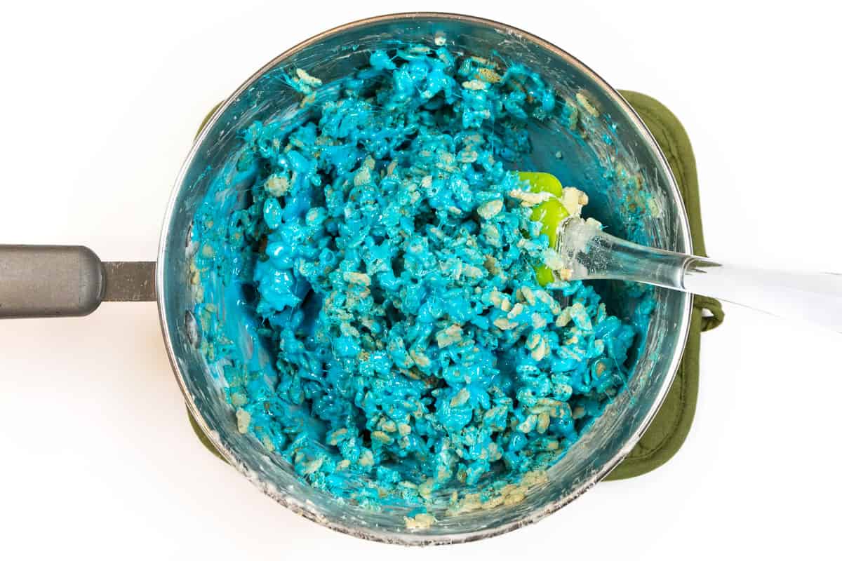 Add the Rice Krispies with the blue marshmallow and butter mixture.