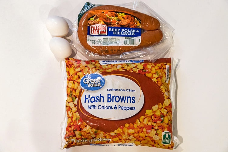Ingredients for sausage potato hash with eggs.