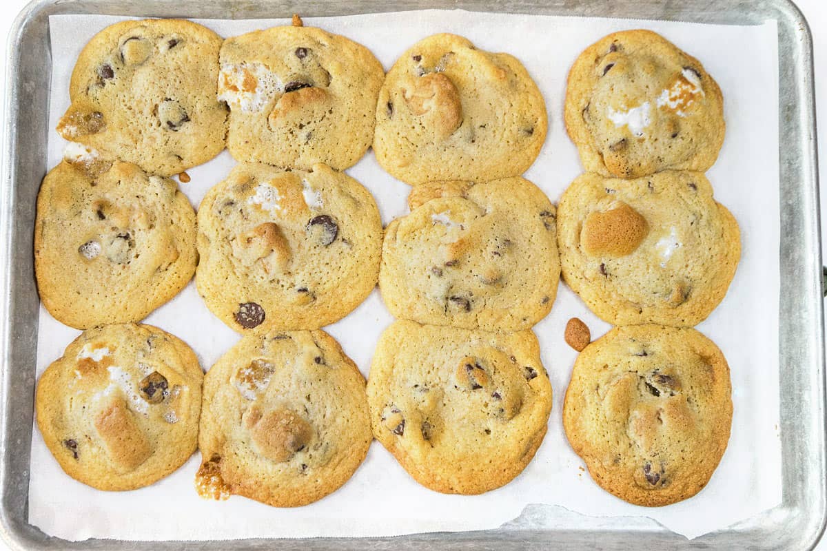Chocolate chip s'mores cookies on a cookie sheet after baking.