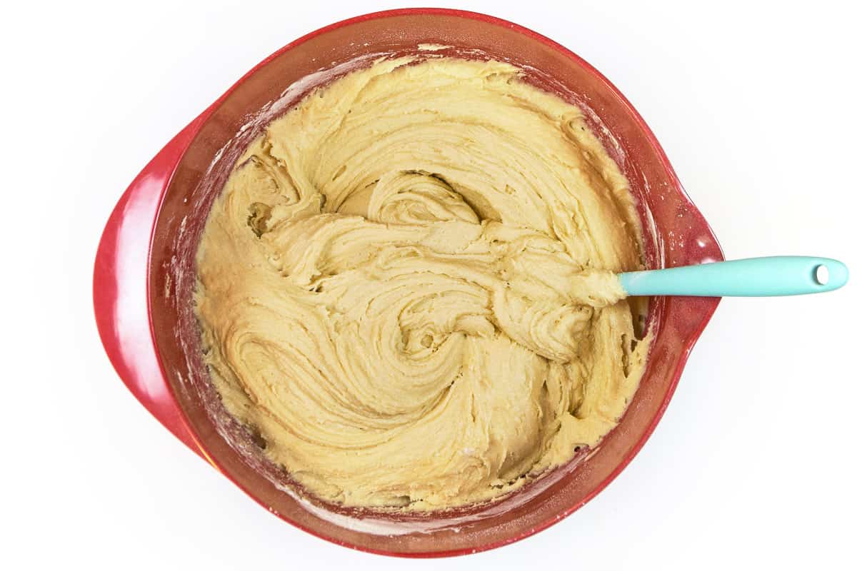 Mix the flour mixture together with the creamy cookie dough mixture until well blended into a cookie dough.