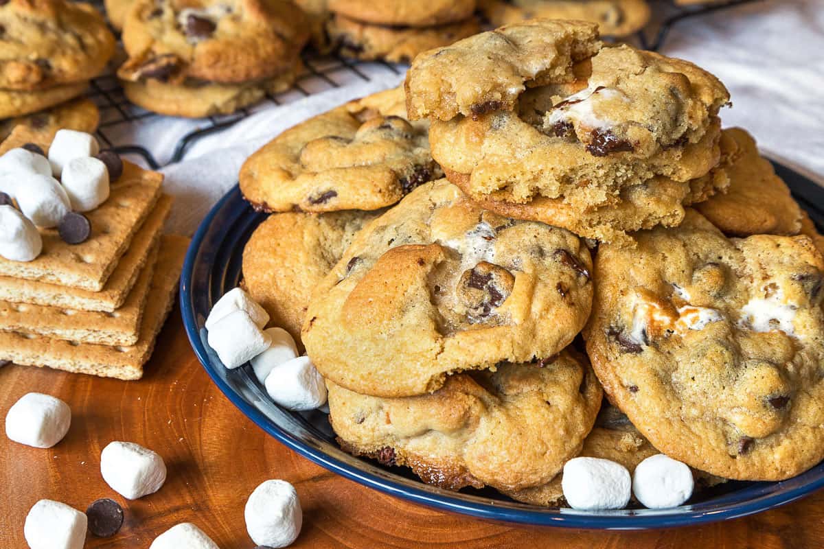 S'mores cookies with chocolate chips on a plate.