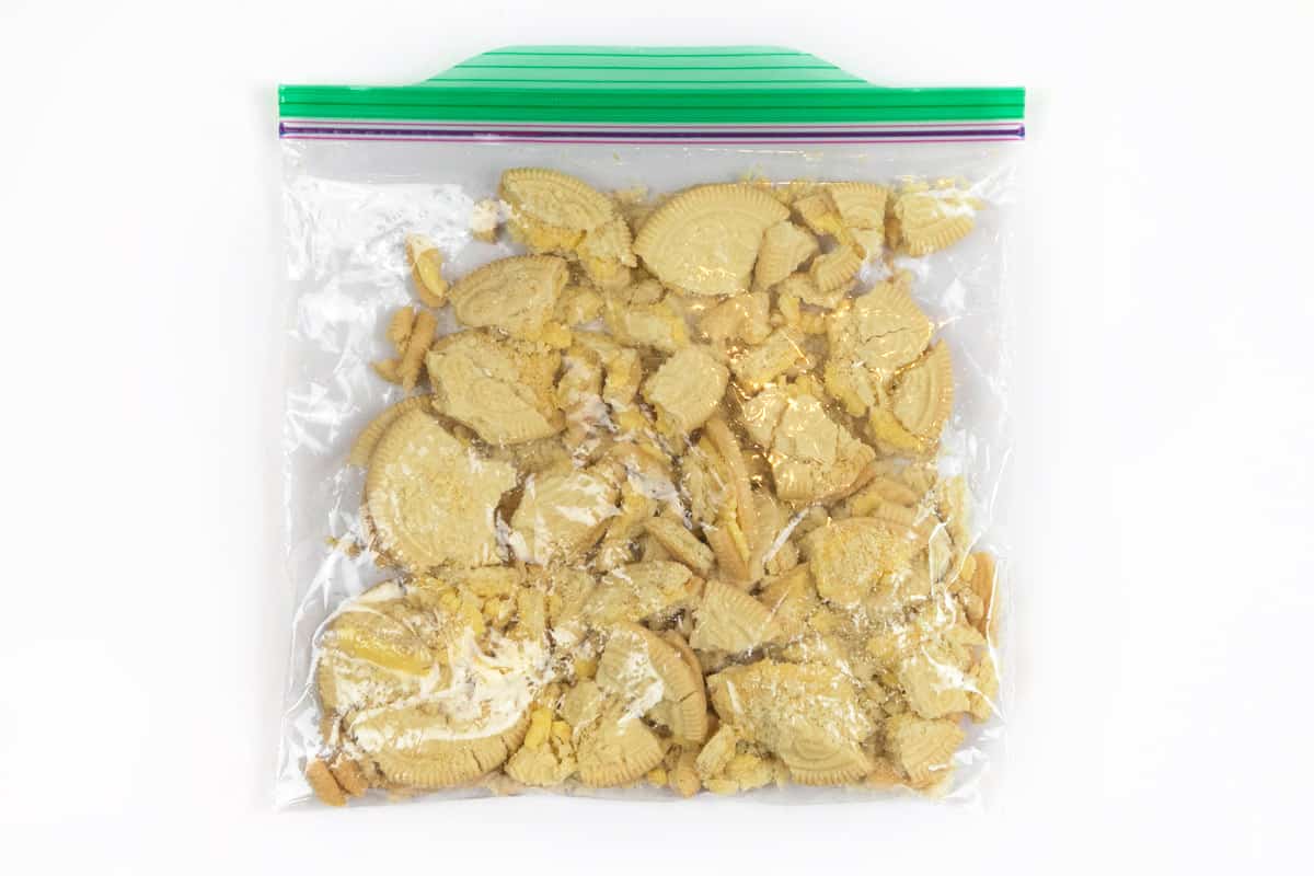 The lemon creme cookies are broken in a ziplock bag.