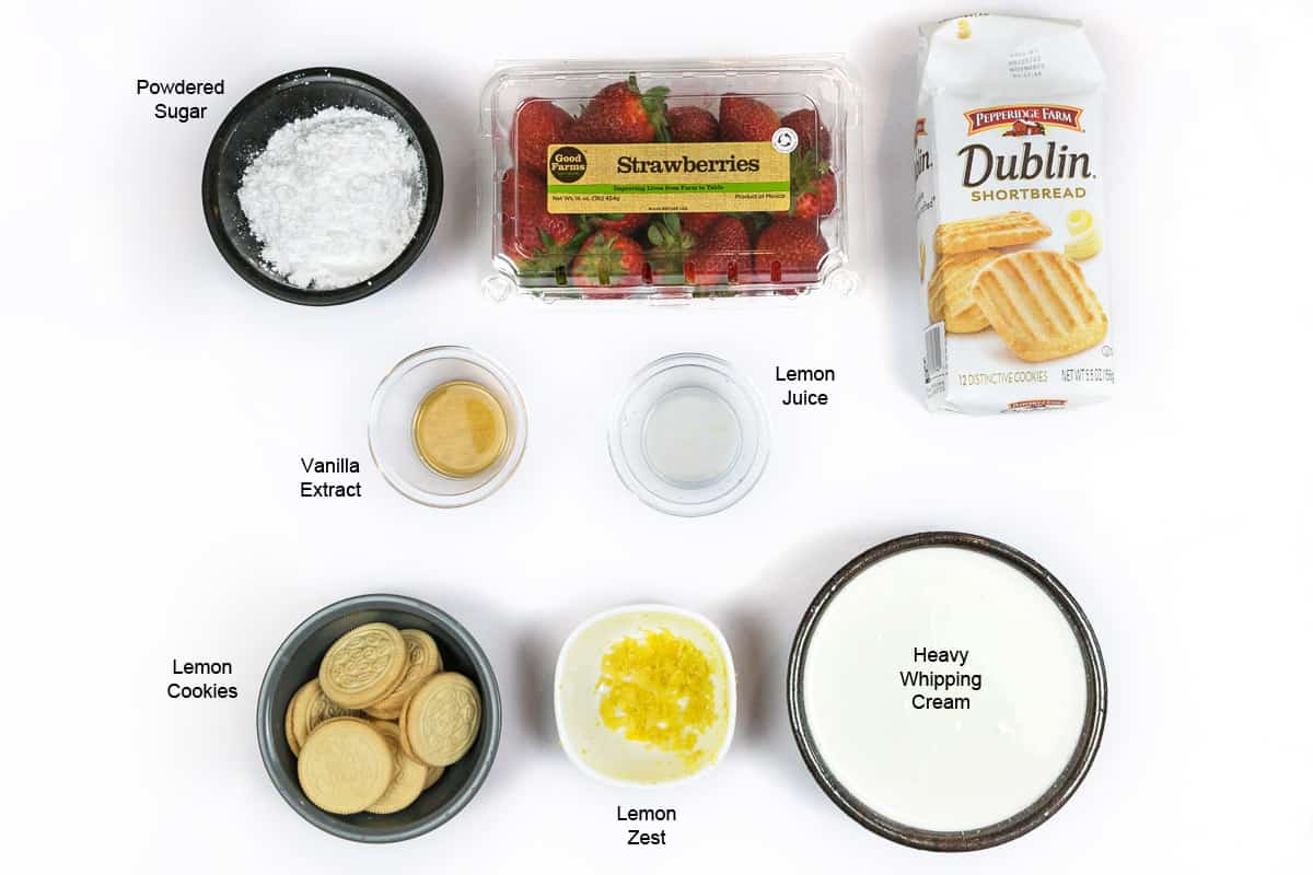 Ingredients for strawberry lemon icebox cake.