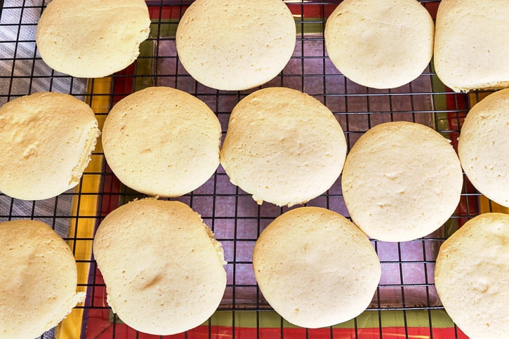 Baked sugar cookies on a cooling rack without icing.