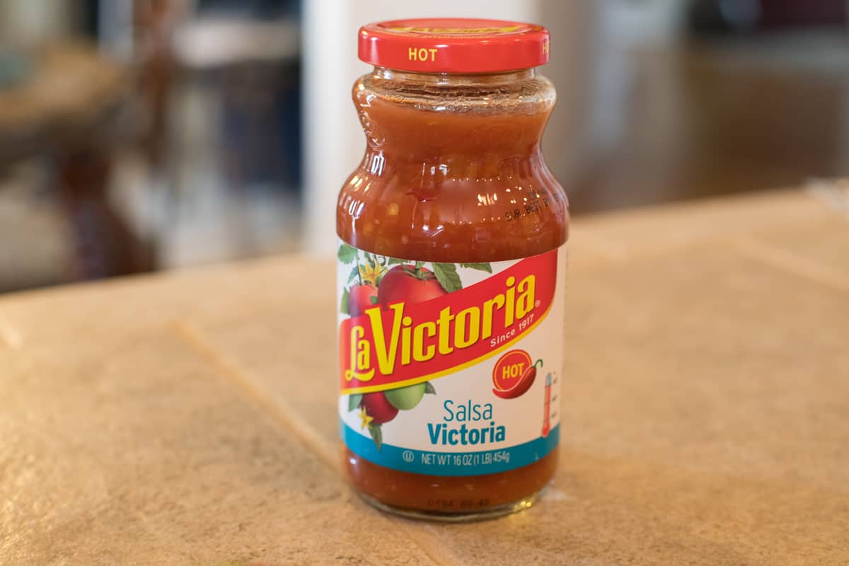 A jar of La Victoria Salsa Victoria - Hot.