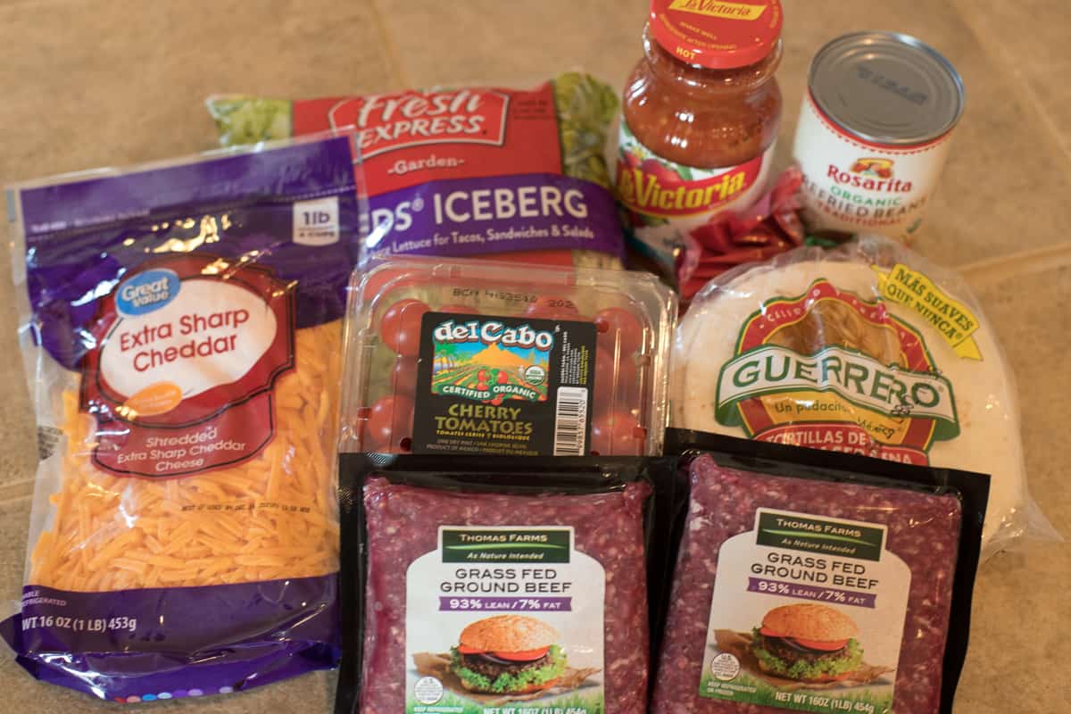Ingredients for  ground beef taco recipe.