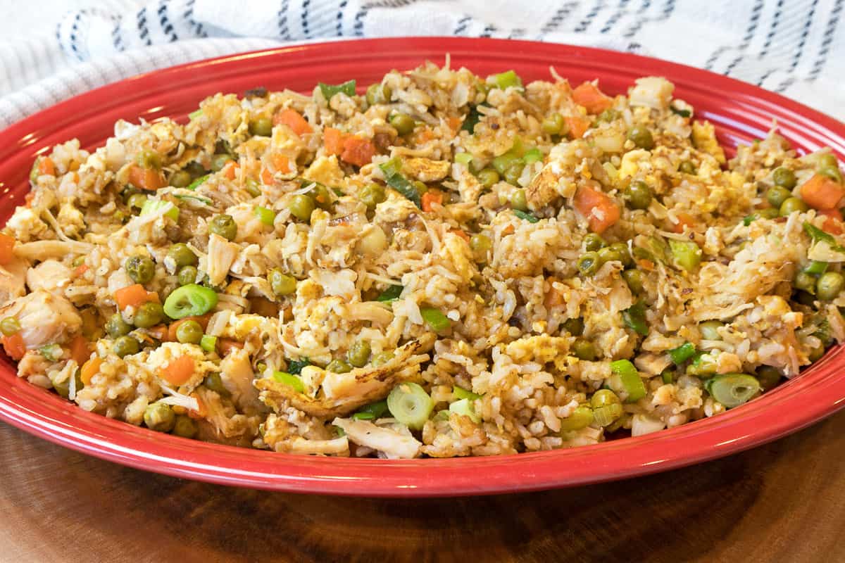 Teriyaki chicken fried rice with canned chicken on a plate.