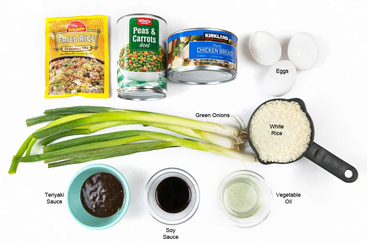 Ingredients for teriyaki chicken fried rice.