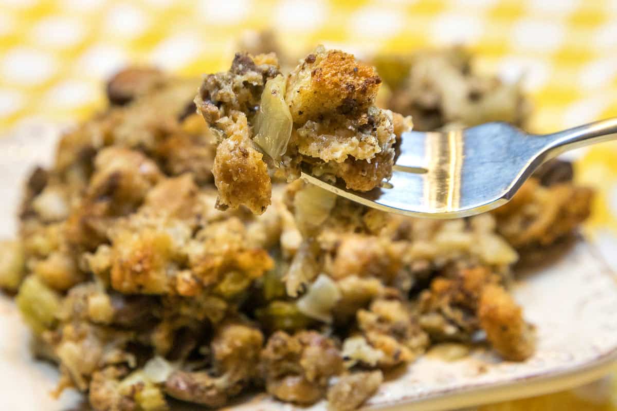 Thanksgiving dressing on a fork.