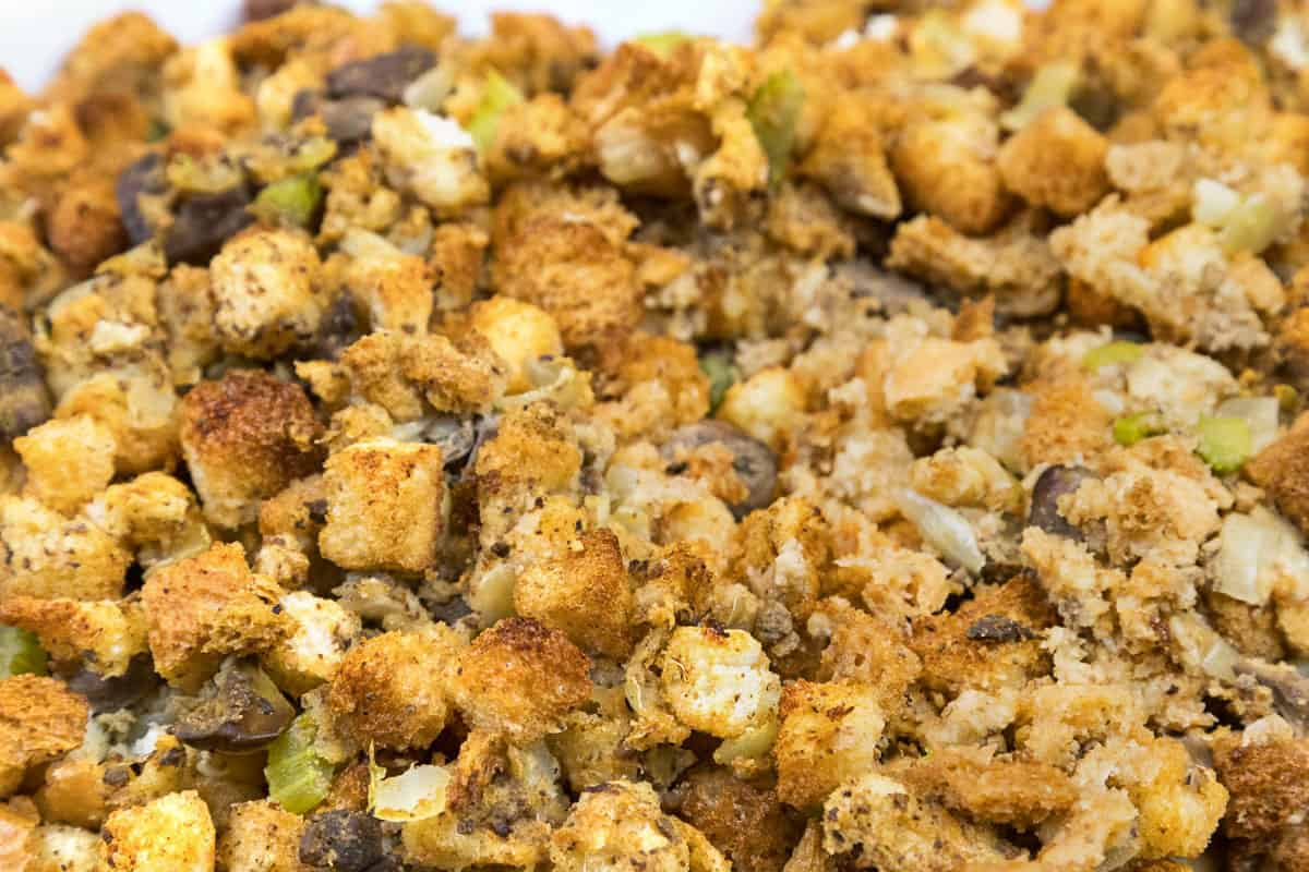 Thanksgiving dressing on a plate.