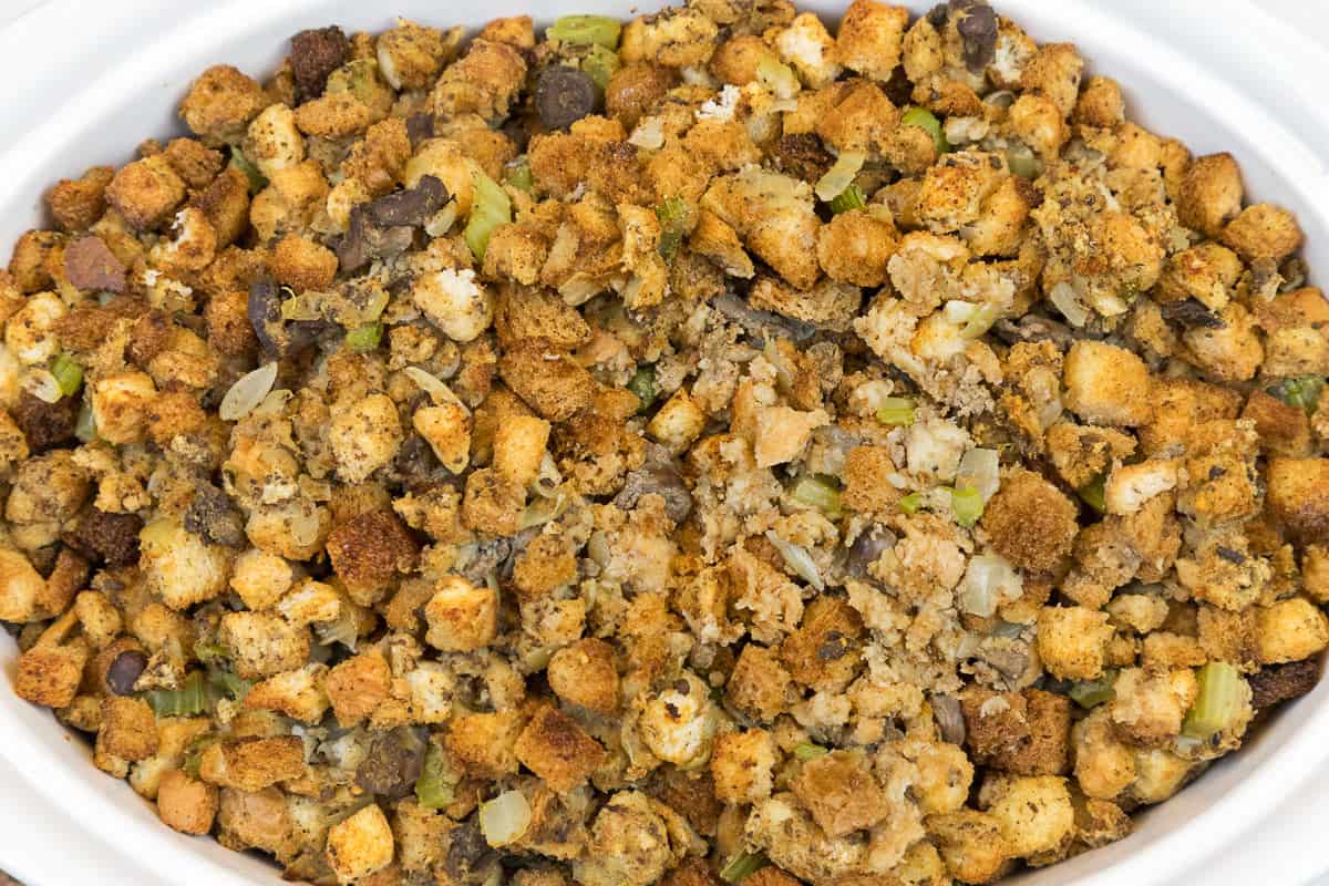 Thanksgiving dressing in a baking dish.