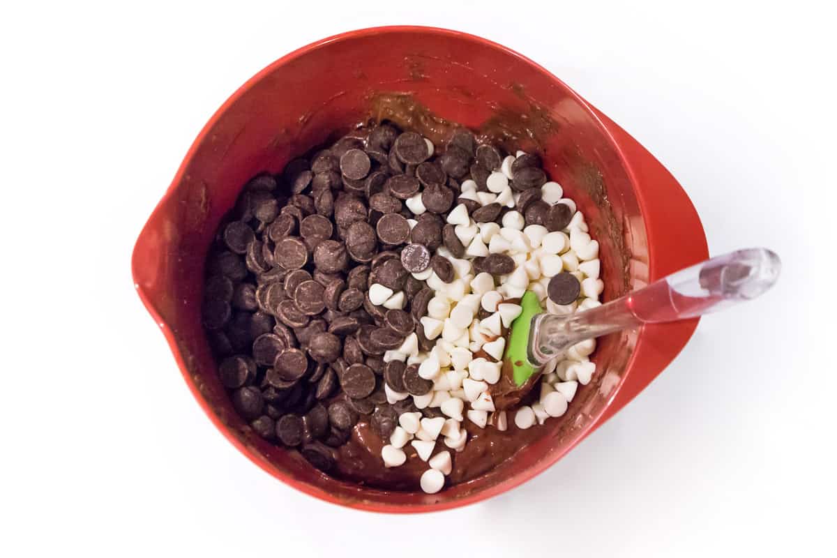 White and dark chocolate chips are added to the brownie batter.