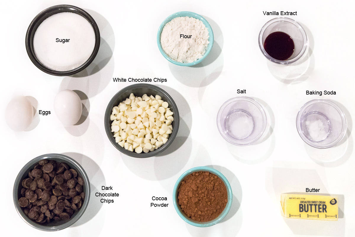 Ingredients for fudgy triple chocolate brownies.