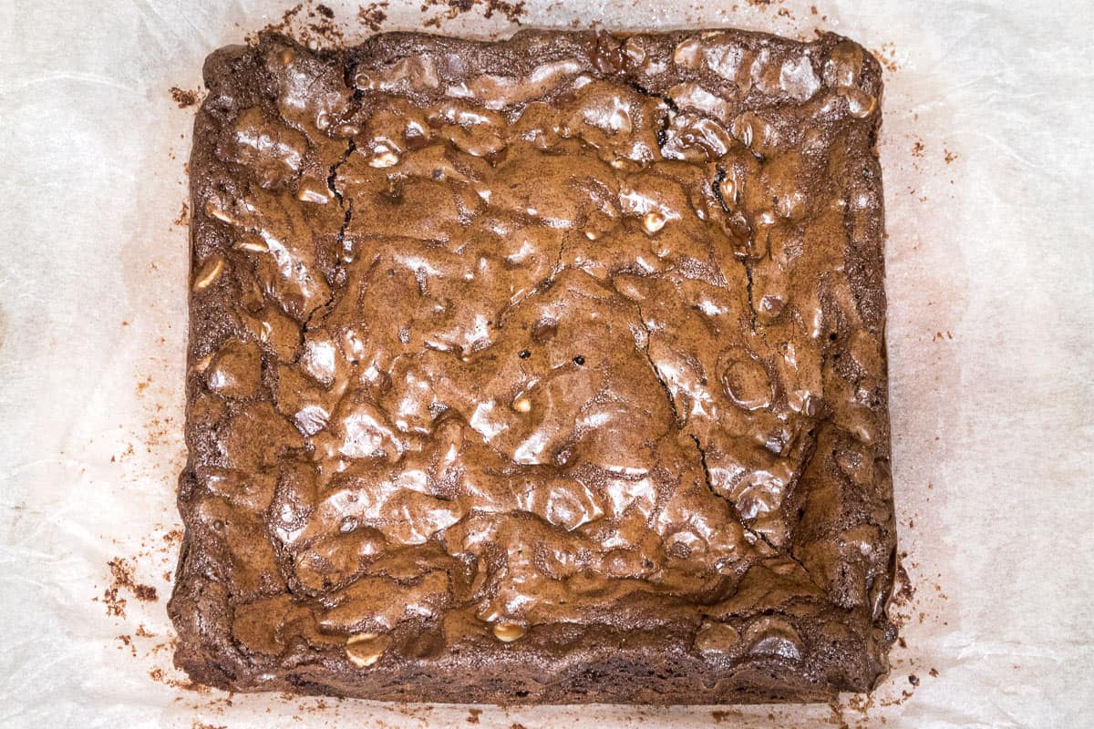 Fudgy triple chocolate brownies baked at three hundred and fifty degrees Fahrenheit for thirty-five minutes.