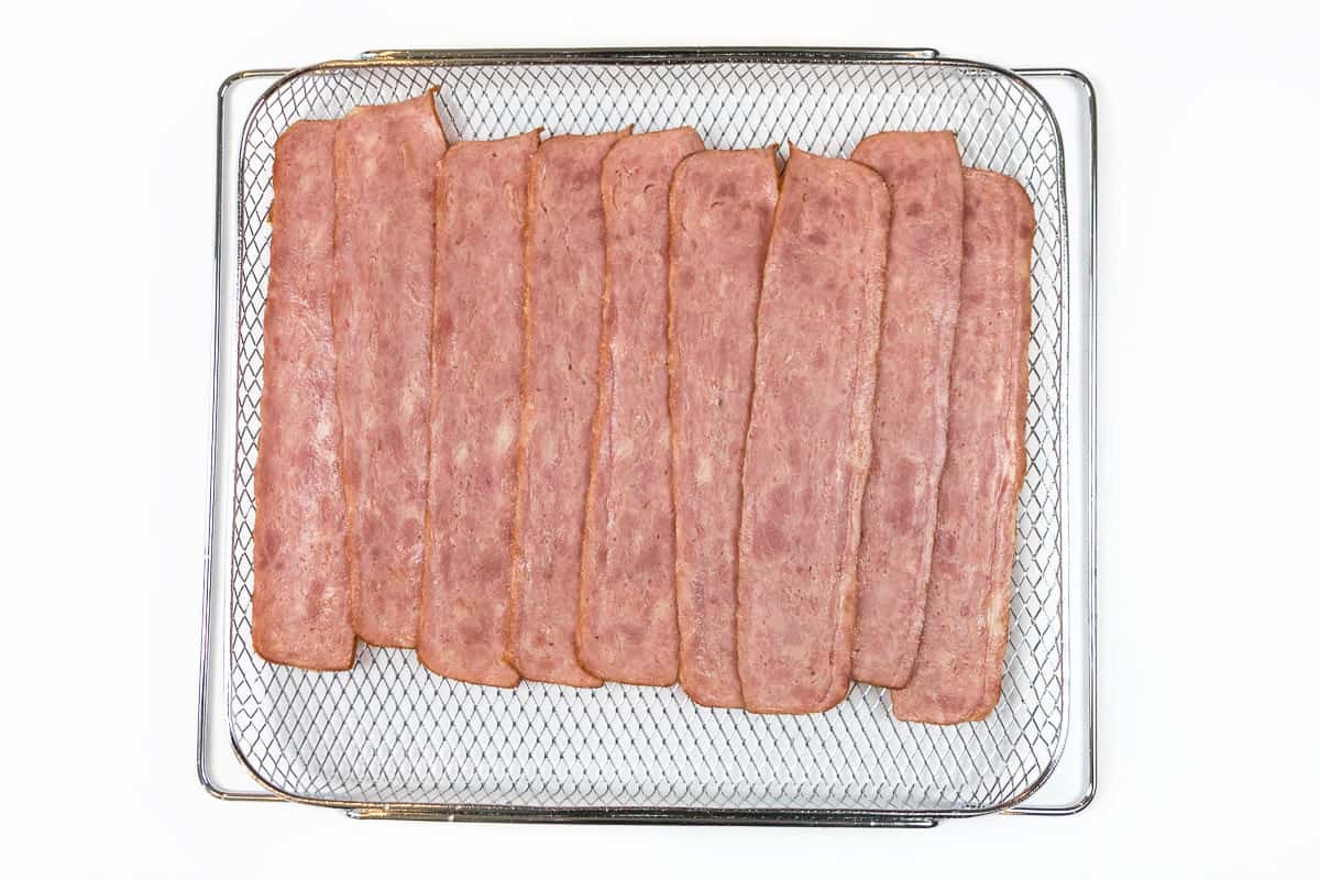 Turkey Bacon in the air fryer basket.