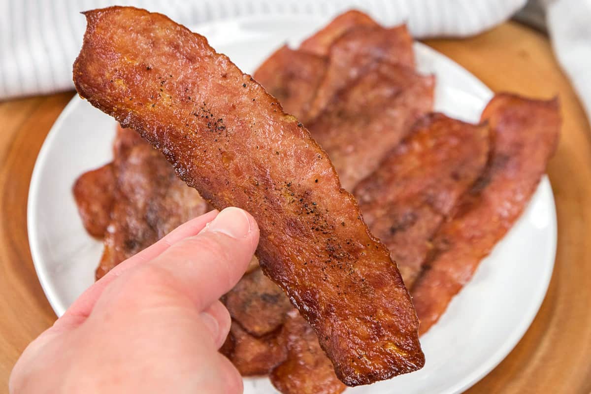 Turkey Bacon slices on a plate.