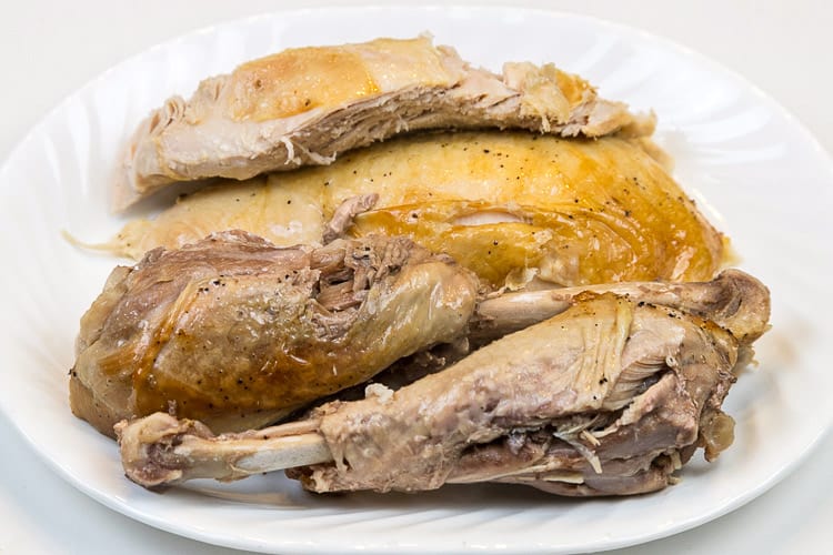 Baked turkey breast and turkey legs on a dinner plate.